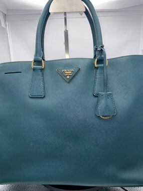 Prada Teal Saffiano Leather Double-Handle Tote with Gold Hardware